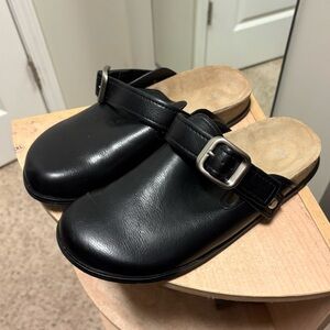 Zara Black Leather Clogs with Silver Buckle
